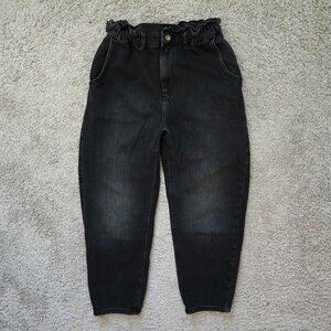 Zara Baggy Paper Bag Barrel Jeans Faded Black High Rise Stretch Waist 6
